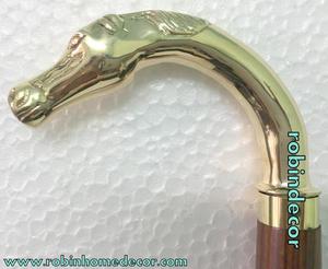 ไม้เท้าไม้สีน้ำตาลด้ามไม้ทองเหลืองหัวม้าสีทองไม้เท้าสไตล์วินเทจ - Product Image 4