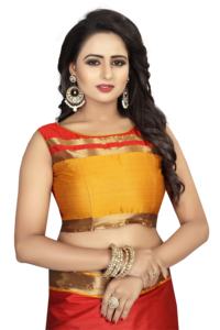 Auto Conçu Mode Coton Soie Rouge Jaune Saree Alphanumero - Product Image 6