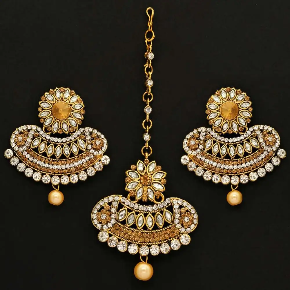 Pandahall — bijou indien, couleur blanc et or, strass et Imitation perle, Maang Tikka avec boucles d'oreilles pour femmes