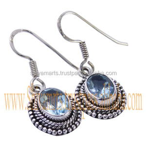 Handmade 925 Sterling Silver Gold Plated Drop <b>Earrings</b> with Blue Topaz Gemstone <b>Beautiful</b> Vintage Fashion Jewelry Weddings - Product Image 2