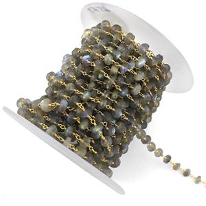 Chapelet chaîne bleue en labradorite, chaîne de pierres précieuses plaquée or, chaîne enveloppée de fil, fabrication de bijoux, lien, résultats de bijoux, fournisseur - Product Image 1