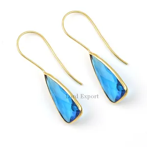 Bông Tai Thời Trang Bạc Thật 925 Vàng Kim Làm Thủ Công Đá Thạch Anh Sapphire Xanh Lam 12X25Mm Bán Chạy Nhất Dành Cho Nữ