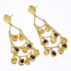 Amazing citrino pendientes de latón de piedras preciosas ahumadas, joyas de latón chapadas en oro, joyería de latón de oro indio hecha a mano - Product Image 1