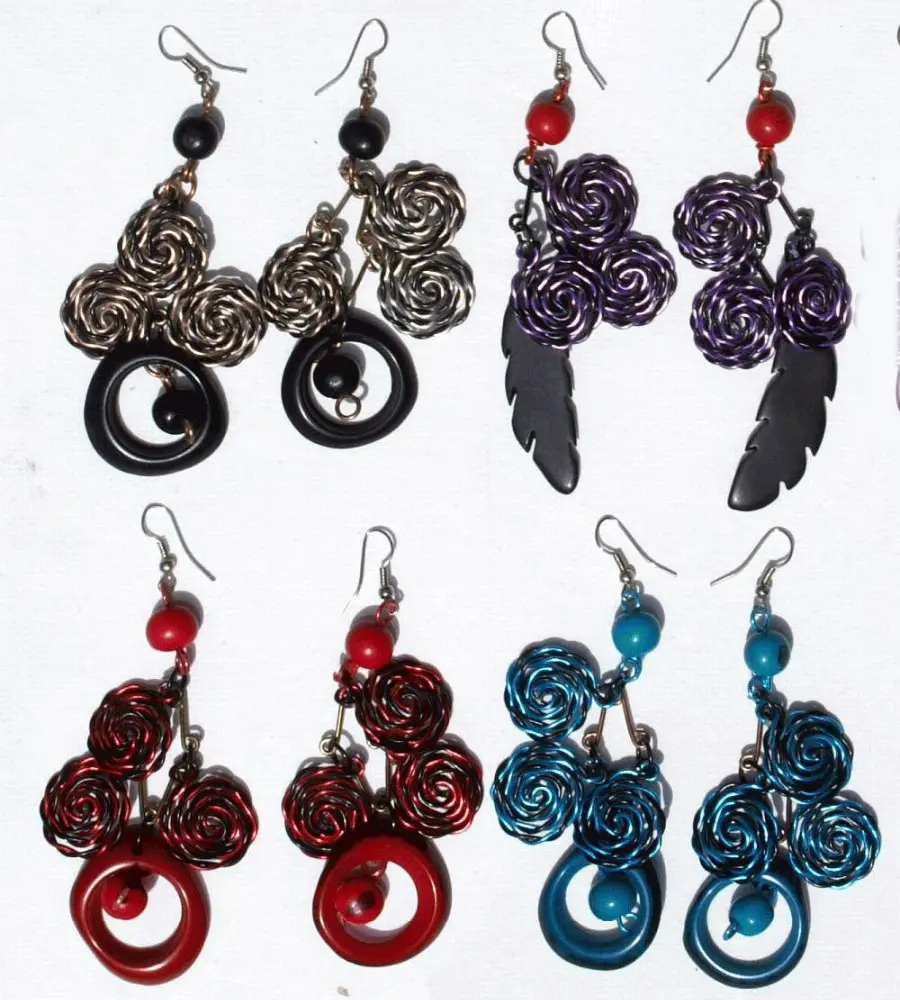 Colored earrings metal and tagua nut carved, costume jewelry handcrafted earrings for sale