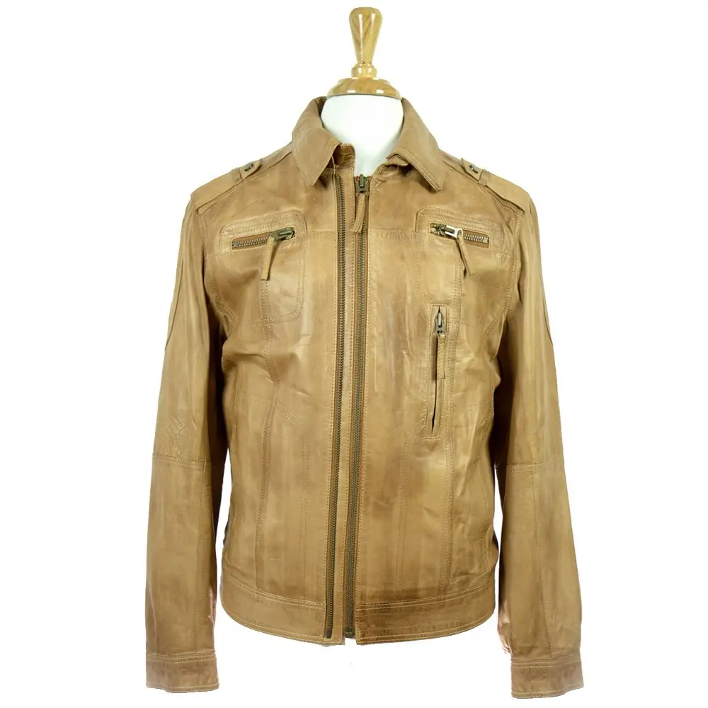 Design your own zipper leather jackets high street design men leather jacket stylish zipper pocket khaki leather jackets