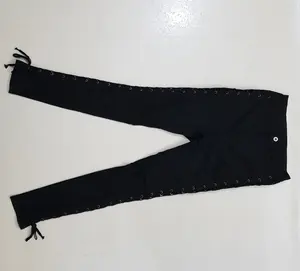 Bangladesh Garments Stock Lot/Shipment Cancel sexy high waist women black Jeans with lace up Side Slinky distressed skinny Jeans