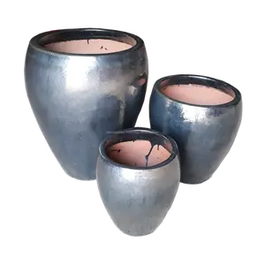 [Hannah] Outdoor glazed ceramic pot, flower planters, set of 3, metal black // Vietnam Pottery Supplier