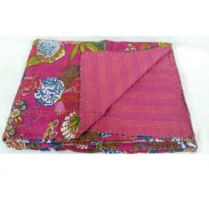 Trending Quality Cotton Made in India Kantha Quilt Blanket Throw Bedspread Ikat Tropical