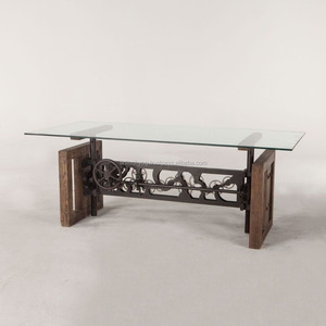 Table à manger à manivelle de 79 "L industriel vieux bois récupéré base en fer dessus en verre - Product Image 2