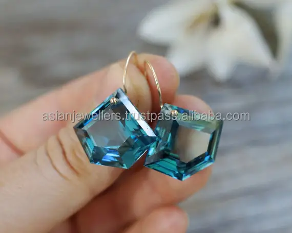 925 sterling silver London Blue Topaz Quartz Gemstone fine Cut earrings