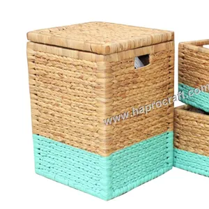 Square water hyacinth wooden frame trunk, fish bone weaving, cut out handles and with lid,
