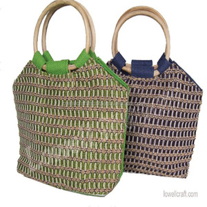 Boho Jute Travel Beach Tote <b>Bag</b> with Hand Length Handle Green and Beige Geometric Pattern Mini Size - Product Image 2