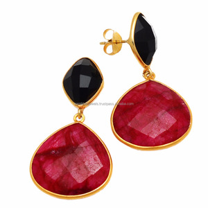 Wholesale 18K Gold-Plated Vintage 925 <b>Sterling</b> <b>Silver</b> <b>Earrings</b> for Women Handmade Natural Dyed Ruby Bezel Set Antique Style Gift - Product Image 2