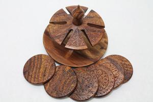 Carved Cup Coasters No Lid Hand Crafted Carving <b>Polish</b> <b>Wooden</b> With Floral Design Gift Set of 6, <b>Wooden</b> Polished Tea Coasters - Product Image 5