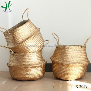 Handmade Pompom Natural Seagrass <b>Belly</b> Basket for Home Storage & Oraganization or Planting Trees - Product Image 5
