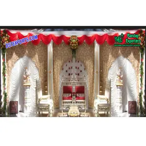 Wedding White and Gold Arcs Type Backdrop Royal Indian Marriage Stage Backdrop Curtains, Indian Wedding Embroidered Arch Type