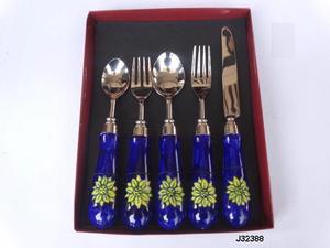 Juego de cubiertos de acero con mango de cerámica azul con perilla en el extremo en acabado pulido de espejo Juego de cubiertos de vajilla de 5 piezas - Product Image 5