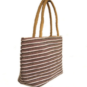 Lowellcraft JUTE STRIPED SHOPPING <b>BAG</b> with ZARI BORDER and ROPE HANDLE (MEDIUM) - Product Image 2