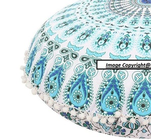 Coussin de sol Mandala Housse ronde Pouf pouf blanc Repose-pieds coton multicolore Pouf ethnique par les expéditeurs indiens - Product Image 1