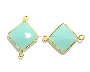 Connecteur de lunette à facettes double caution plaqué or 18 carats belle calcédoine péruvienne pierre précieuse forme carrée composants de résultats de bijoux - Product Image 1