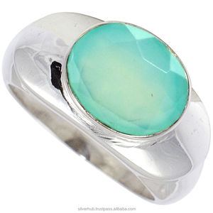 Calcédoine naturelle Cabochon ovale pierre semi-précieuse anneaux de pierres précieuses en gros 925 usine de bijoux en argent massif inde - Product Image 1