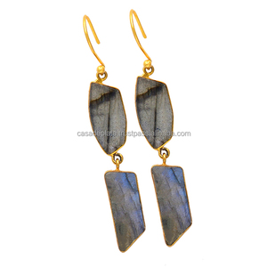 Fancy Cab Labradorite Gemstone 925 Sterling silver With Gold Plated Earring <b>Ethnic</b> Bezel Setting Fashionable Earring For Women. - Product Image 1