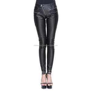 Pantalones de moda de cuero de Hip Hop para mujer, transpirables de talla grande con cierre de cordón y decoración de botones - Product Image 1