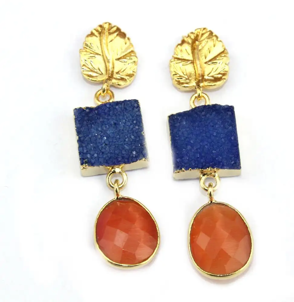 Best hot design natural orange monalisa & blue druzy earring brass gold plated stud dangle leaf designer handmade earrings