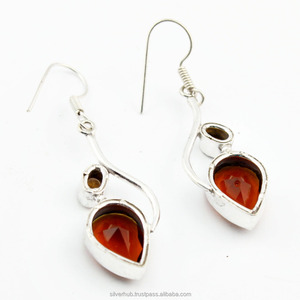 925 Sterling Silver Dangle <b>Earrings</b> for Women Handmade Pear Cut Red Garnet and <b>Citrine</b> Gemstone <b>Earrings</b> For Beautiful Women - Product Image 3