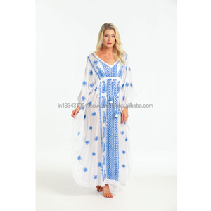 Azul blanco Paisley bordado vestido flecos encaje mariposa manga Ideal fiesta en la piscina relajante caftán vestido caliente playa cubrir - Product Image 1