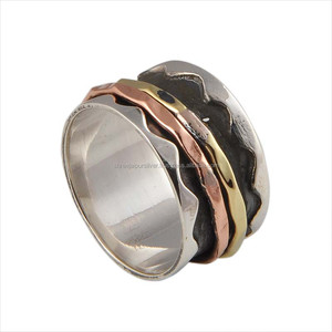 Wholesale Shree Jaipur Silver 925 Sterling Silver Unisex <b>Spinner</b> Fidget <b>Ring</b> Wavy Copper Brass Band Scalloped Border Classic - Product Image 2