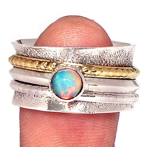Semi-precious Two Tone - Meditation Spin - Ethiopian Opal Solid 925 Solid Sterling Silver <b>Ring</b> <b>Black</b> Gemstone Fine Silver <b>Ring</b> - Product Image 1