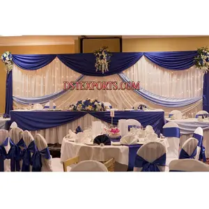 婚礼舞台白色蓝色背景集婚礼桌背景窗帘婚纱面料背景窗帘