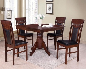 Table à manger carrée sur piédestal à pied unique de style Empire avec 4 chaises à dossier rembourré en bois massif - Product Image 1