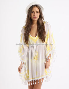 Bohemian Tassels Hem Empire-Line Sheer ผ้าฝ้ายสีขาวเซ็กซี่ Kaftan กับ Elasticated เอวและตัดสีเหลืองเย็บปักถักร้อย - Product Image 3