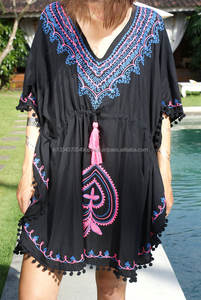 OEM Wholesale Custom <b>Women</b> Sexy One Piece Swimsuit Cover Up Short Dress Sexy Embroidered Empire Waist Pom Pom Trim Caftan <b>Poncho</b> - Product Image 2