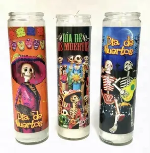 8 Inches Tall Holiday Halloween Glass Jar Memorial Mexico Day Of The Dead Candle