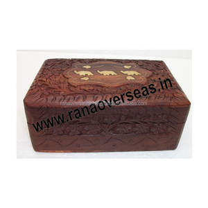 Organizador de almacenamiento de joyería de madera ecológico tallado a mano tradicional con incrustaciones de latón de elefante y hoja India - Product Image 3