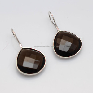 Pendientes de bisel hechos a mano con piedras preciosas de cuarzo ahumado de Plata de Ley 925 - Product Image 1