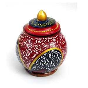 印度传统艺术工匠天然石材皂石彩绘树叶罐和储物泡菜盒石材皂石饰品罐