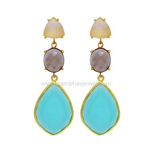 925 argent Sterling plaqué or 18 carats marron Quartz fumé bleu Aqua calcédoine Vintage boucles d'oreilles en pierres précieuses naturelles boucles d'oreilles naturelles - Product Image 2