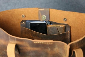 Bolso Tote Casual de Cuero Vacuno Curtido Vegetal Auténtico, Cierre Abierto, Dos Asas, Bolso de Mano para Mujer, Bolso de Hombro AM-0033 - Product Image 5