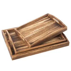 Hot Selling Rechthoek Grenen Hout Hand Gesneden Dienblad Set Van 3 Voor Voedsel, Dranken, Diners & Sieraden Display Lade Houten