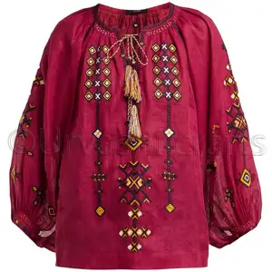 Ukrainian Short blouse for ladies bohemian style embroidery with tassels short cap sleeves blouse