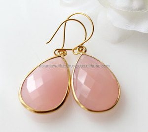 925เงินสเตอร์ลิงสีชมพู Chalcedony พลอยแฮนด์เมดทอง Vermeil ต่างหู - Product Image 1