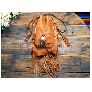 Ethnic Traditional Bohemian Designer <b>Leather</b> Women's Shoulder Drawstring Bag with Candy Pattern Tassel Decoration Cotton Lining - Product Image 1