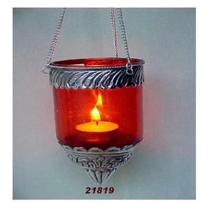 Soporte de luz de té votivo colgante de cristal Vintage, soporte de candelita colgante de latón plateado y cristal rojo para decoración del hogar - Product Image 2