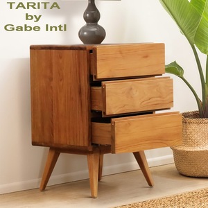Mesa de Noche de Madera de Teca Sólida con Tres Cajones, Color Natural, Estilo Moderno Vintage, 45x37x65cm, Mueble para Dormitorio, TARITA RITZ - Product Image 2