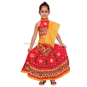 印度儿童手工红色Lehenga Choli chaniya chaniya choli适合女孩民族服装，传统连衣裙dupta套装gagra