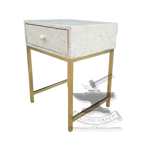 Table d'appoint incrustée d'os blanc de style industriel pieds en laiton doré maison extérieure antique hôtel hôpital appartement salon - Product Image 3